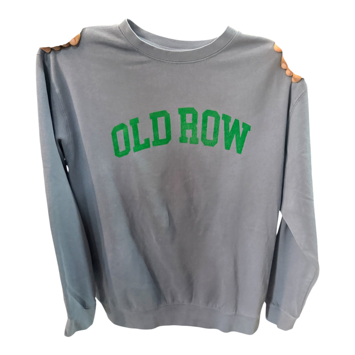 Blue OldRow Crewneck Green Lettering