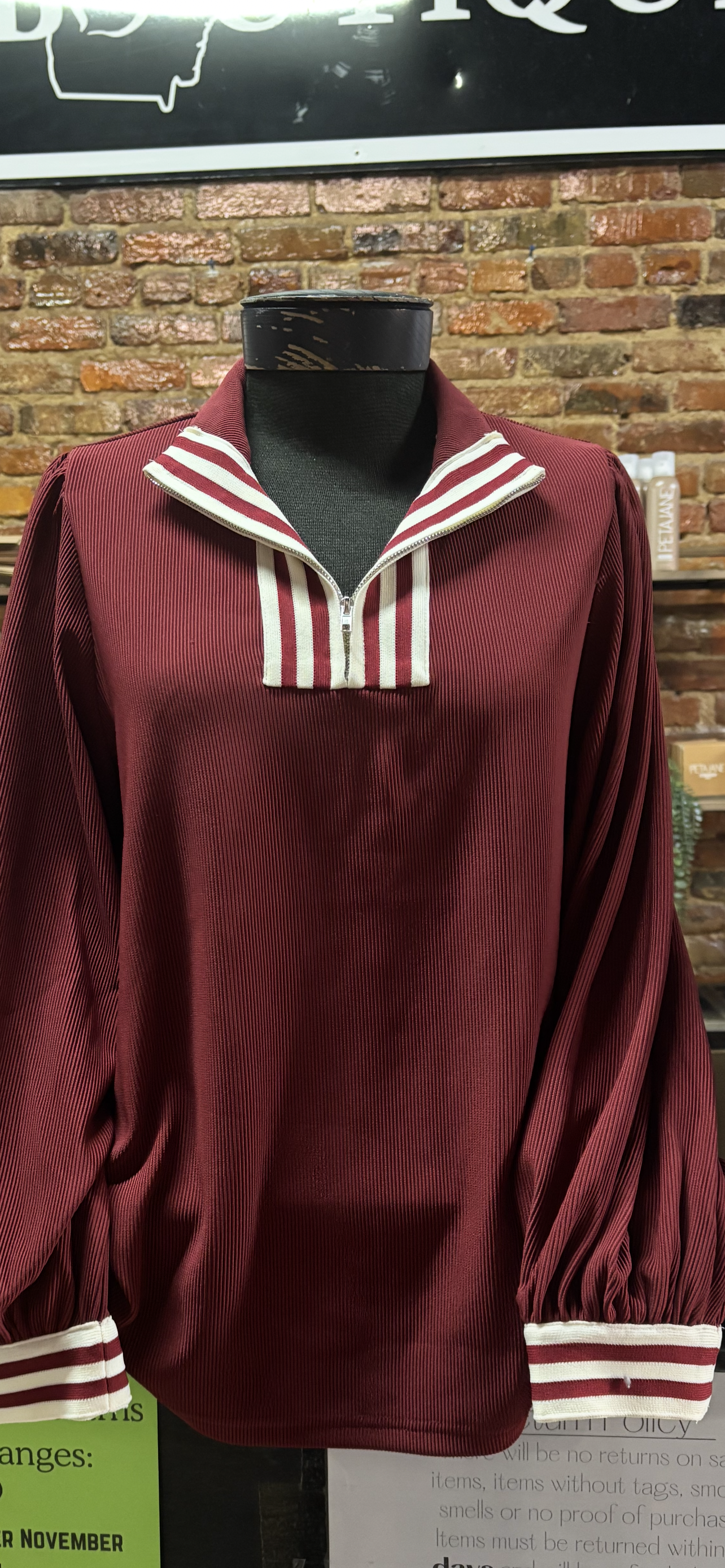 Jodifil Burgundy Color Rib Band Accent High Neck Top