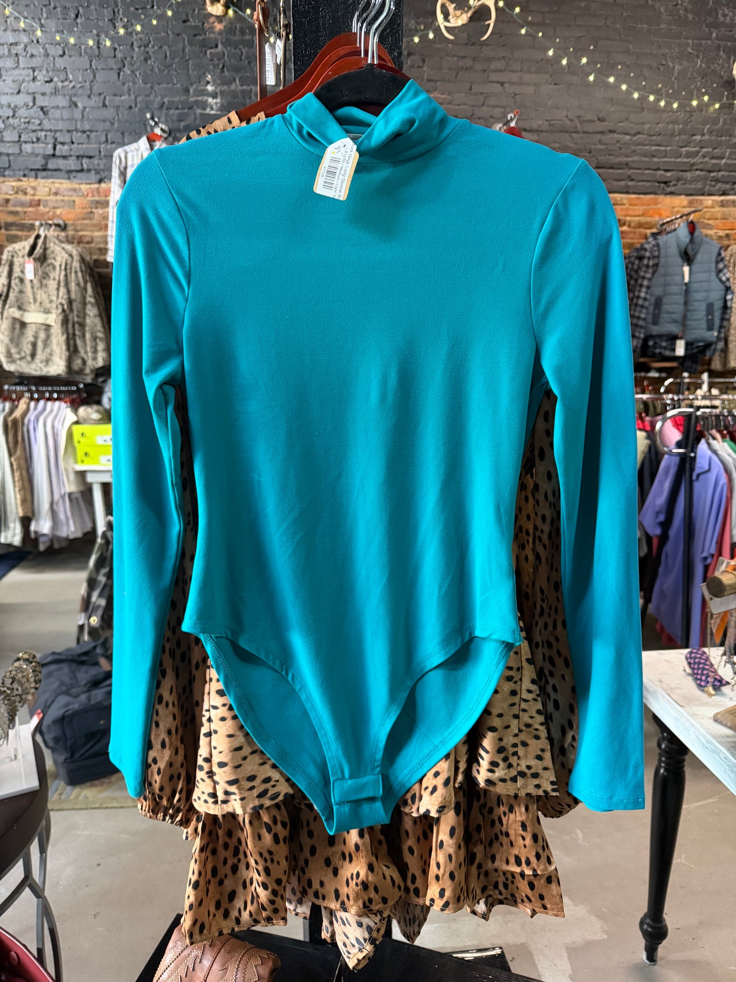 Mock Neck Long Sleeve BodySuit in Light Teal