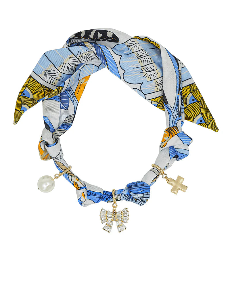 Crystal Ribbon w/ Charms Blue Scarf Necklace