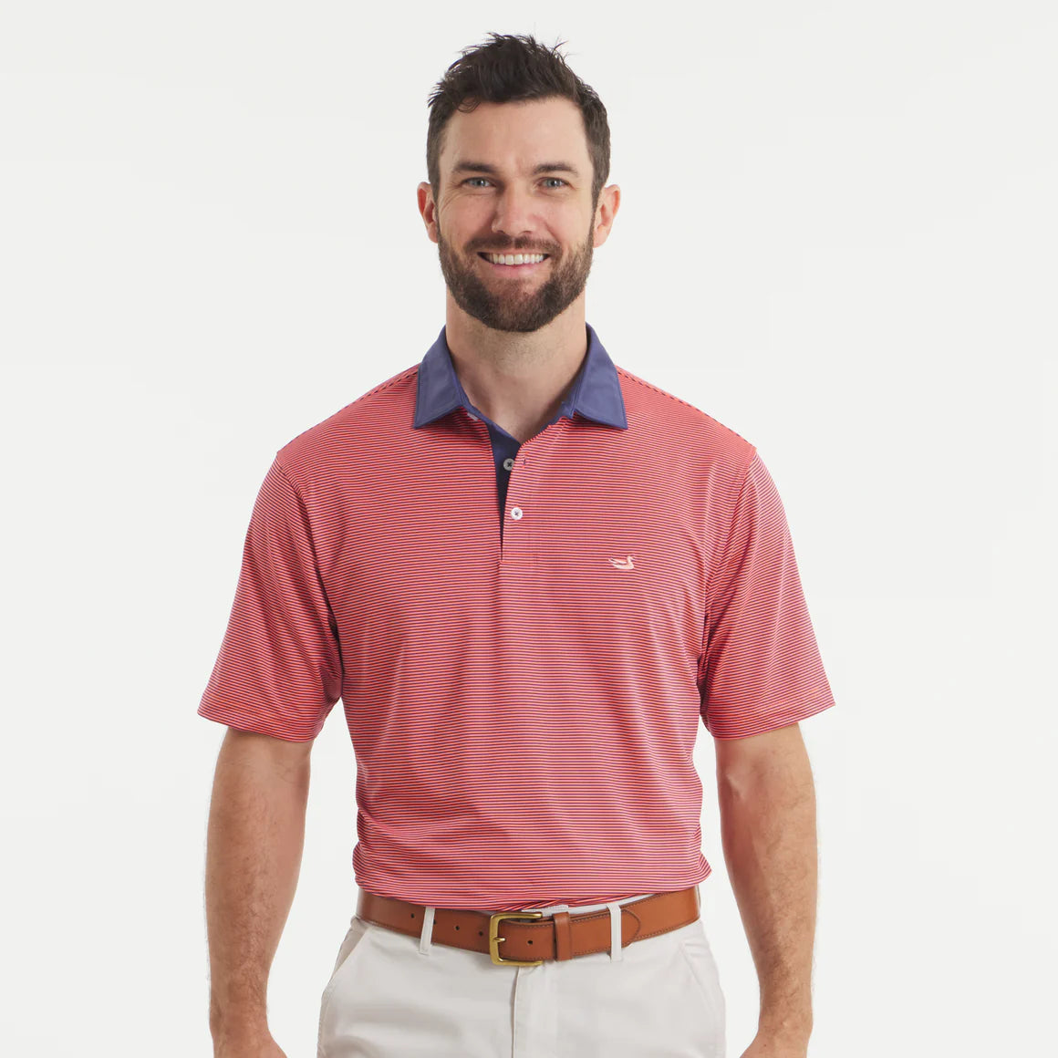 Southern Marsh Dark Bluebonnet and Coral Hampton Stripe Polo