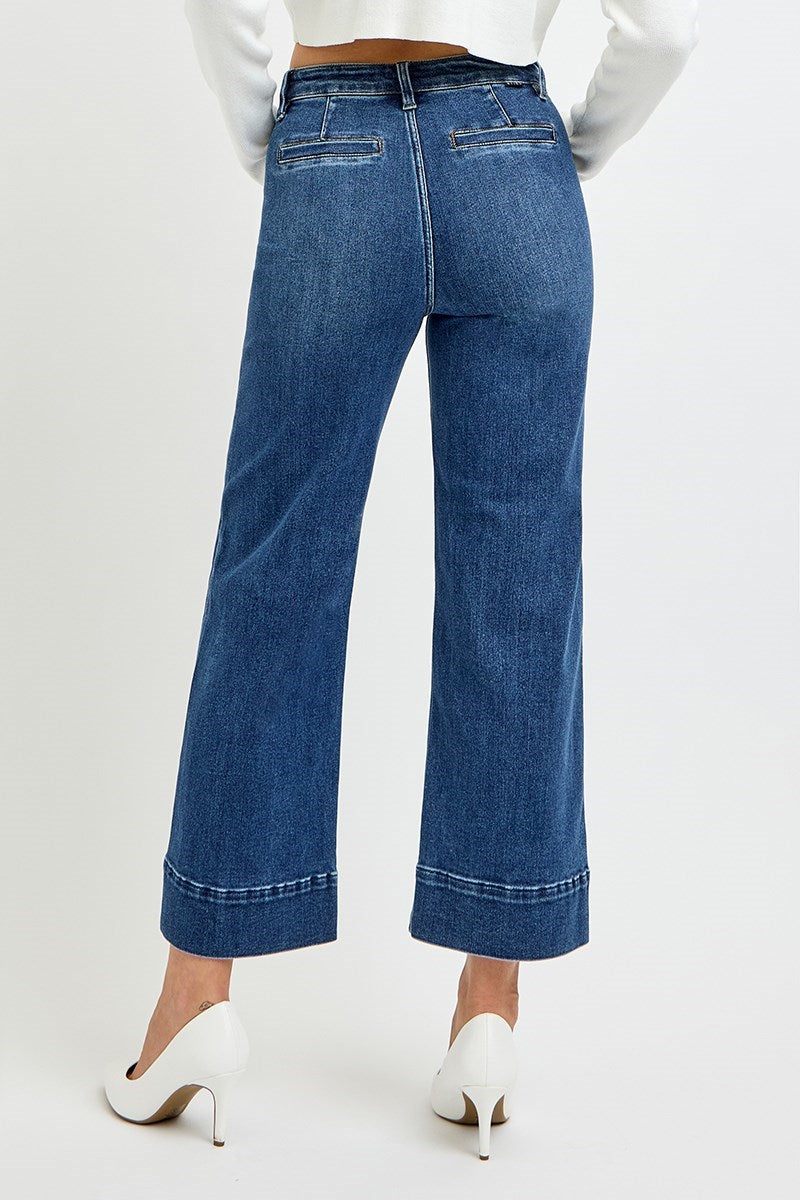 Risen Dark High Rise Crop Patch Pocket Wide Jeans