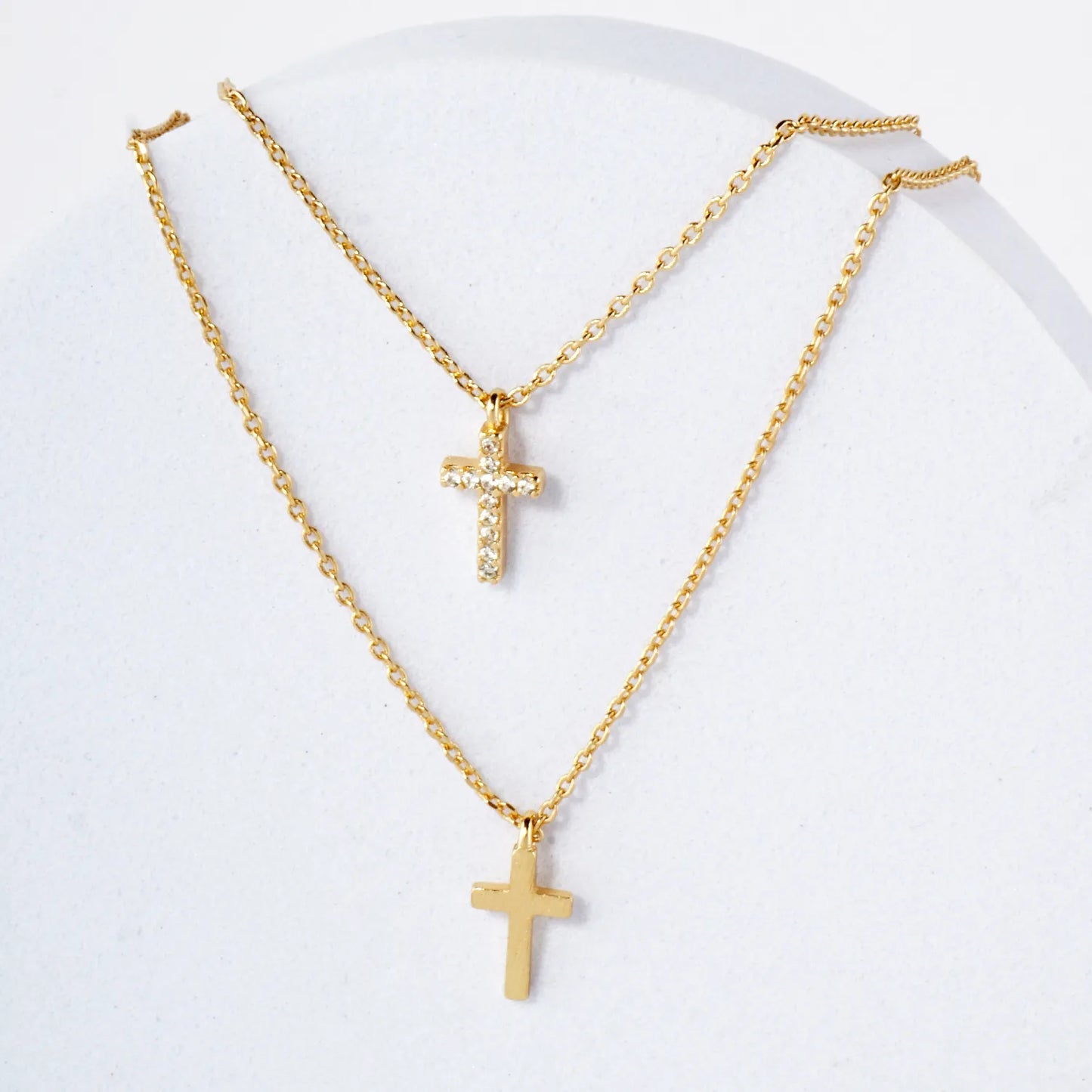 Pave-Set CZ Double Cross Pendant 18K-Gold-Dipped Layered Necklace