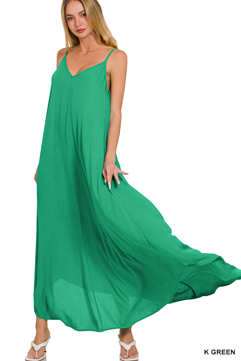 Kelly Green Woven Crinkle Cami Maxi Dress