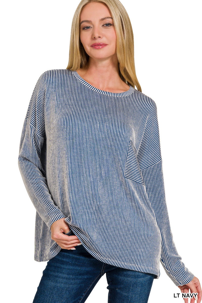 Zenana Light Navy Ribbed striped oversized long sleeve top