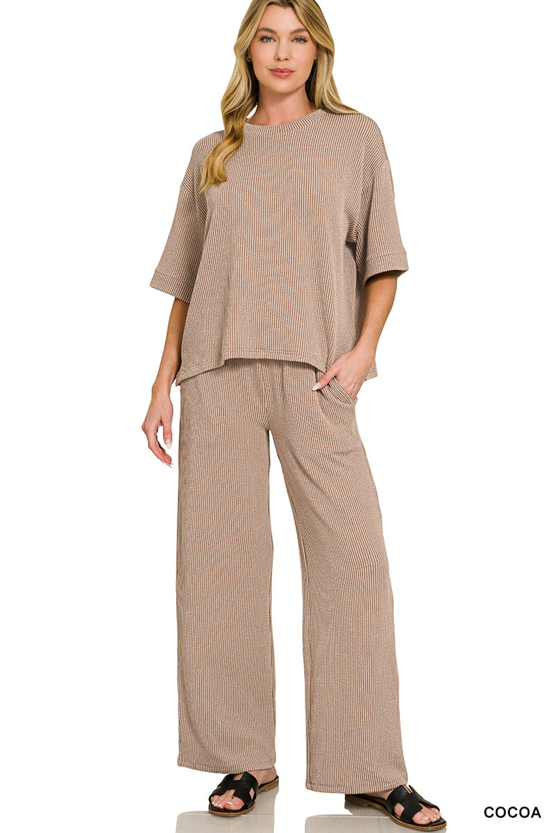 Cocoa Raised Rib Short Sleeve Tee & Pants Set