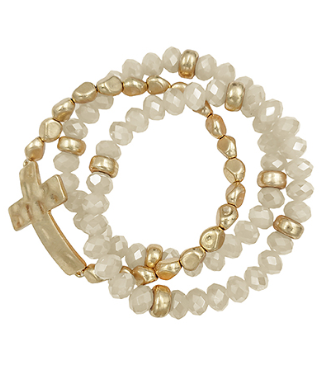 Ivory and Gold Beaded Cross Bracelet Set
