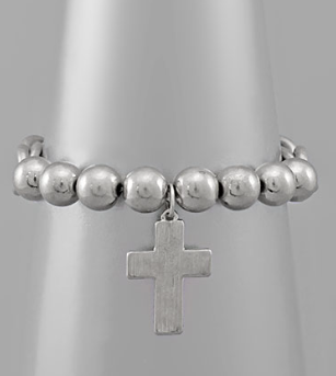 Silver Beaded Cross Stretch Bracelet