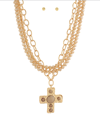 Gold and Beige Beaded Necklace with Cross Pendnant