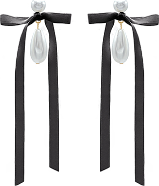 Ribbon Long Tail & Pearl Drop Earrings