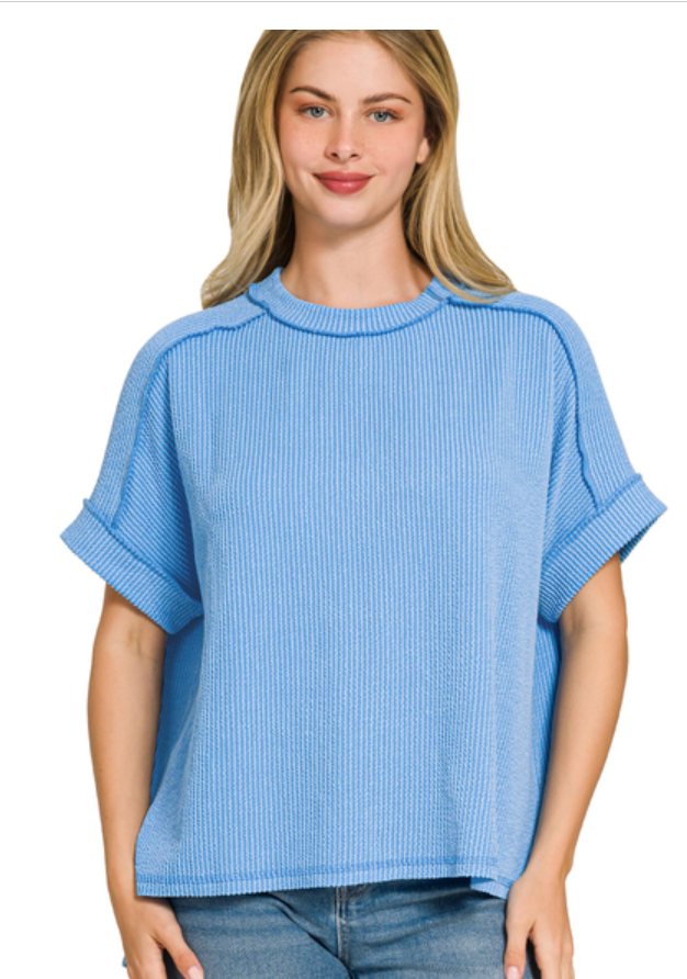 Zenana Sky Blue Raised Rib Cuff Sleeve Raw Edge Top