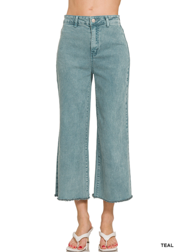 Zenana Teal Acid Washed High Waist Frayed Hem Straight Pants