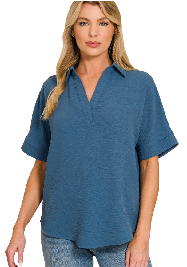 Zenana Woven AirFlow Collared V-Neck Short Sleeve Top Dusty Blue