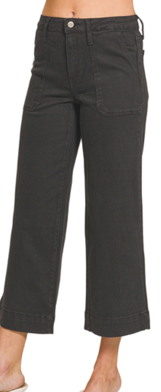 Cropped wide leg color denim pants - Black