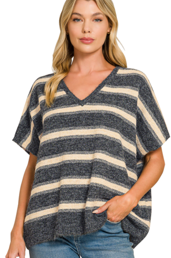 Wool Blend Stripe V-Neck Boxy Sweater