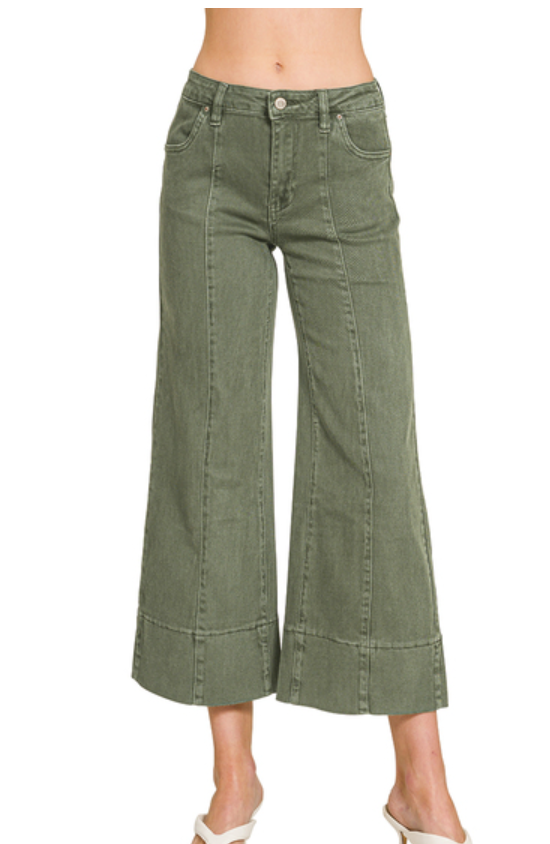 Mid Rise Wide Leg Cropped Color Denim Pants - Dark Olive