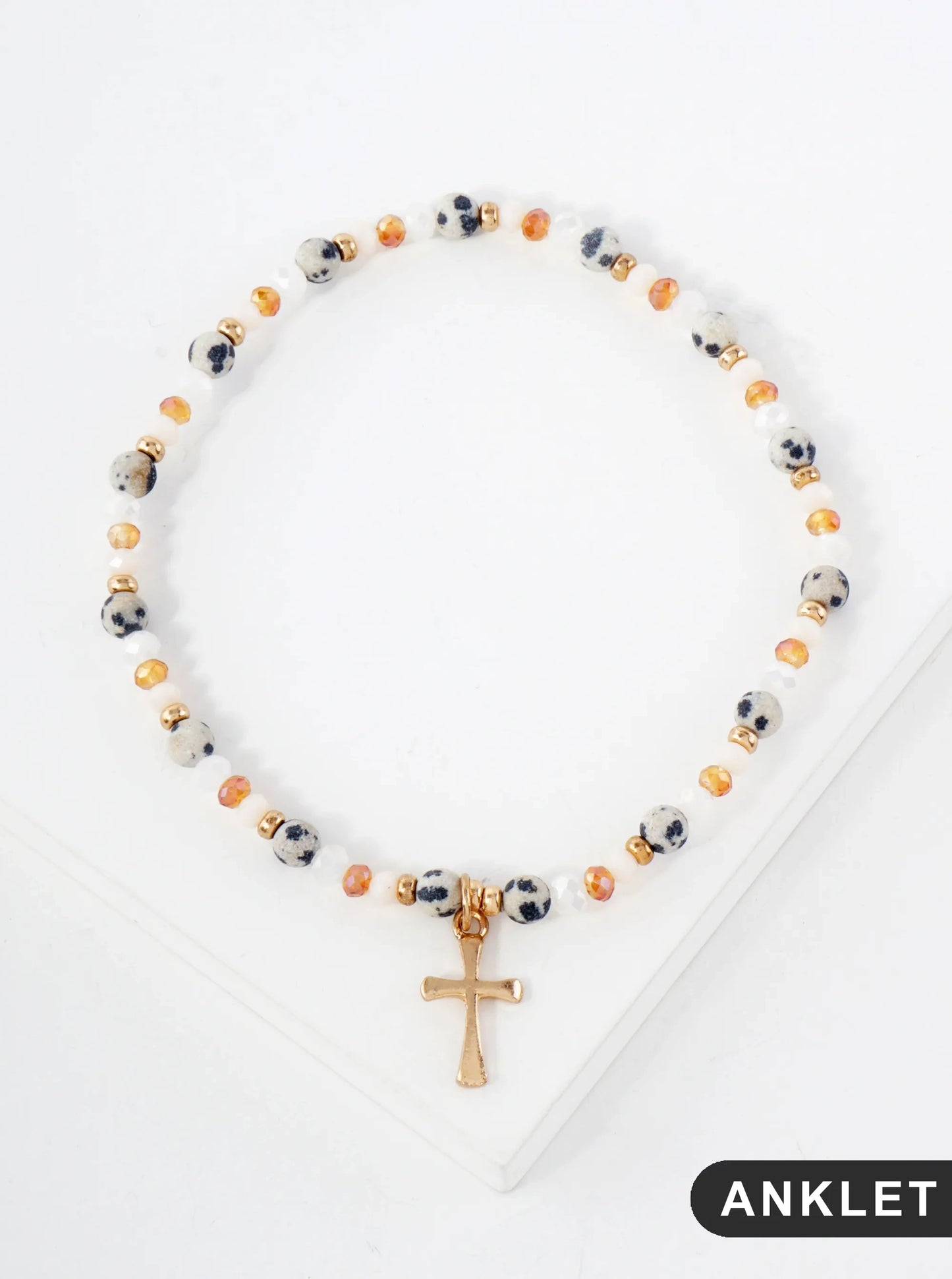 Semi-Precious Natural-Stone Beaded Cross Charm Stretch Anklet