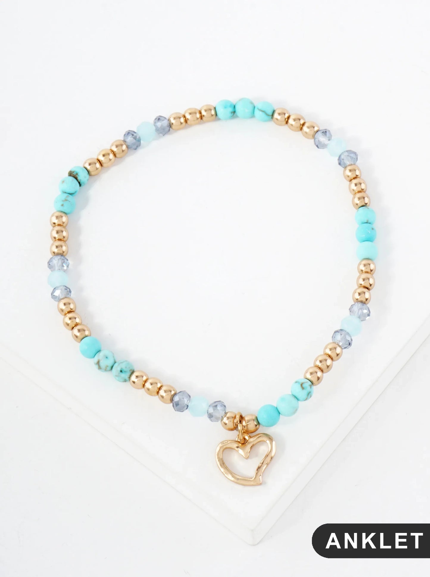 Semi-Precious Natural-Stone Beaded Wire Heart Charm Stretch Anklet