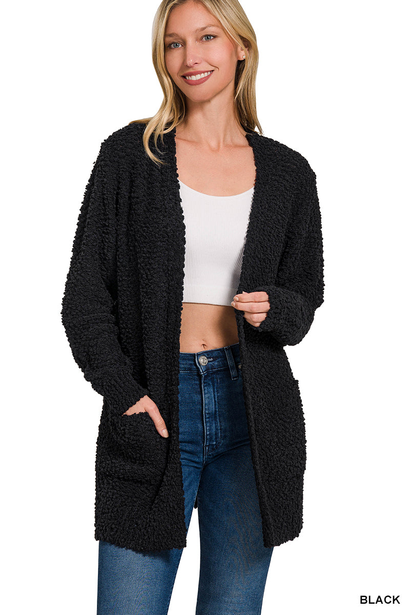 Zenana Black Long sleeve popcorn sweater cardigan with pockets