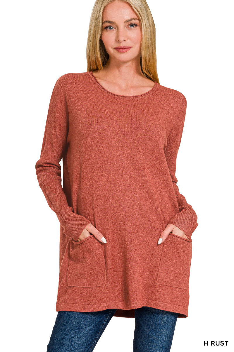 Zenana Rust Viscose front pockets sweater