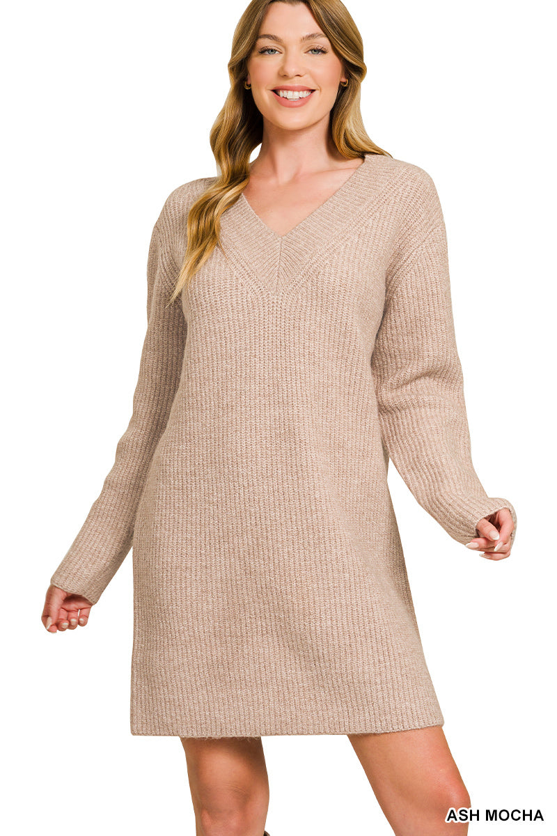 Zenana Ash Mocha V neck sweater dress