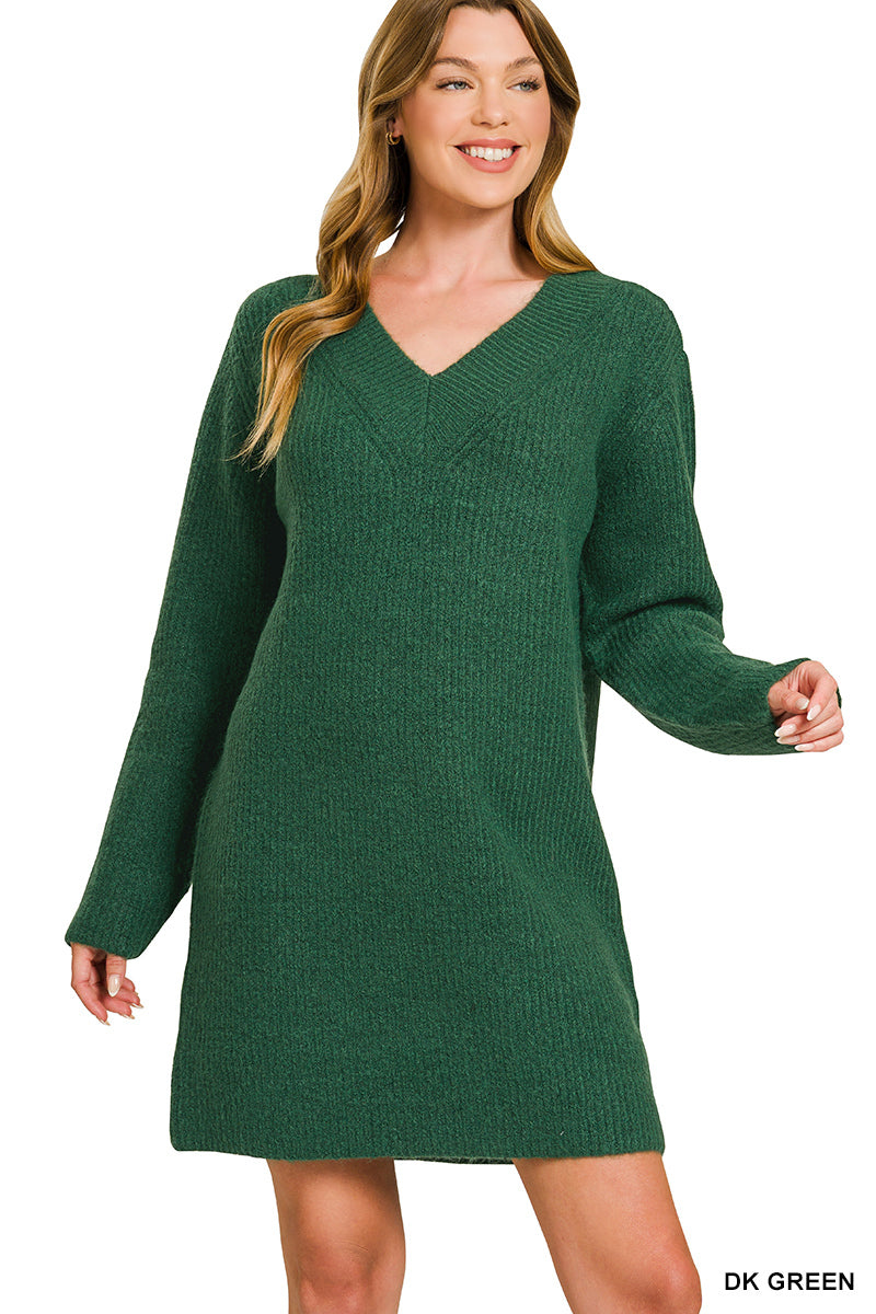 Zenana Dark Green V neck sweater dress