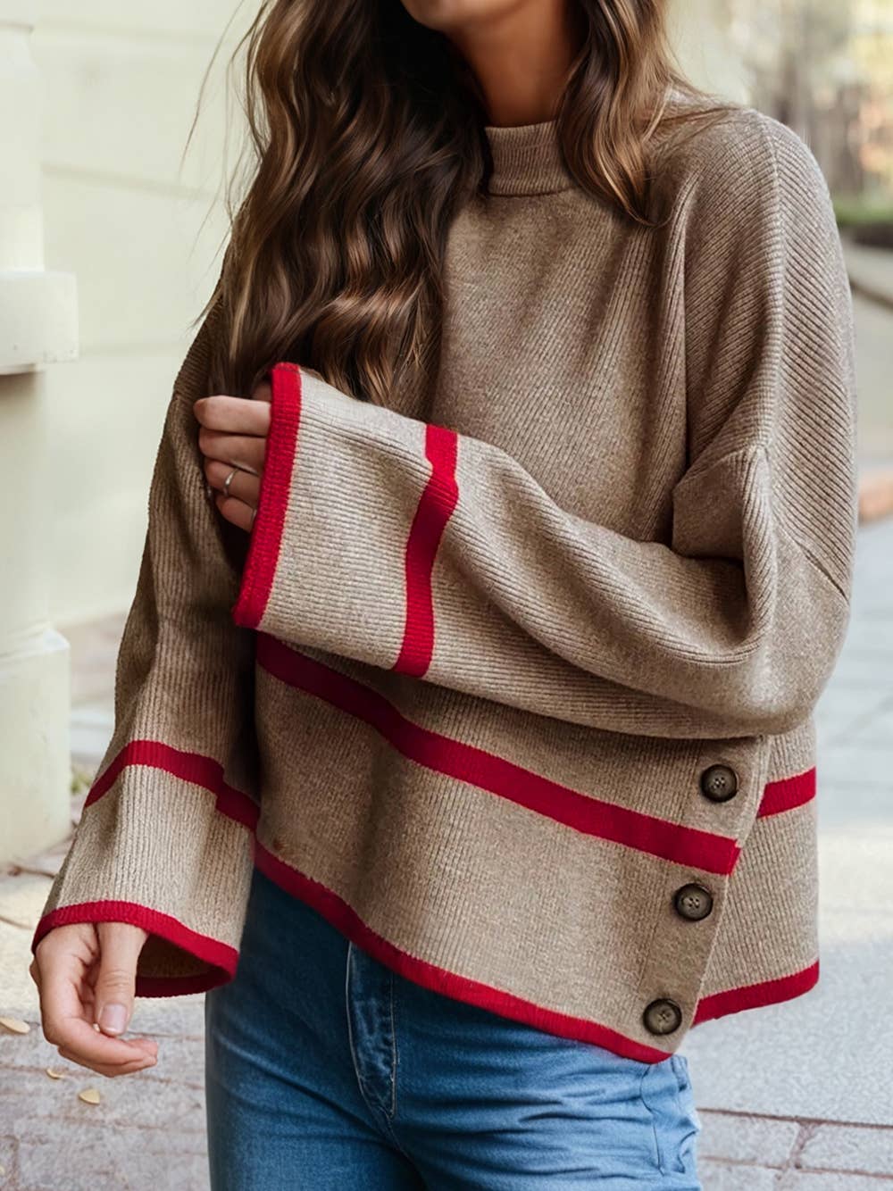 Ribbed Knit Contrasted Stripe Button Side Loose Sweater
