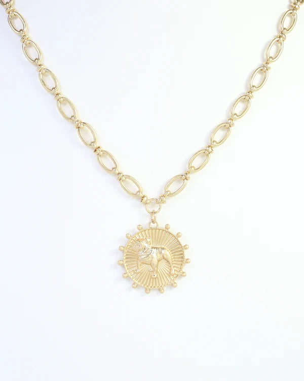 Carmen Coin Necklace Standing Dog Worn Gold