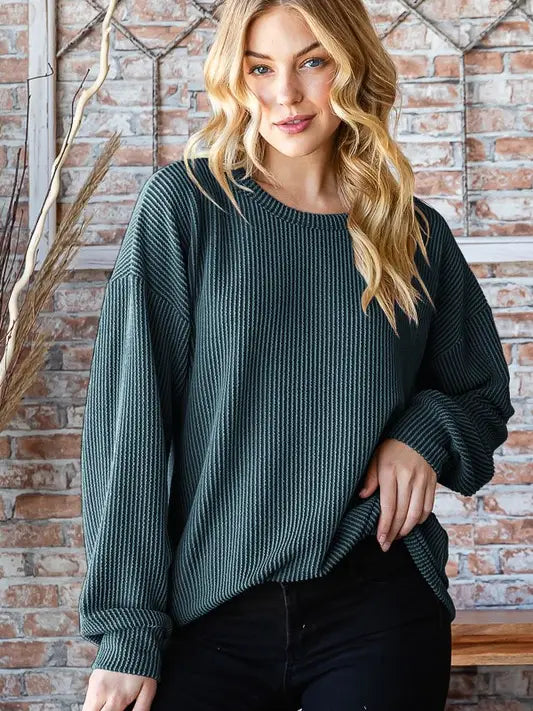 Ribbed Hunter Green Puff Sleeve Solid Top
