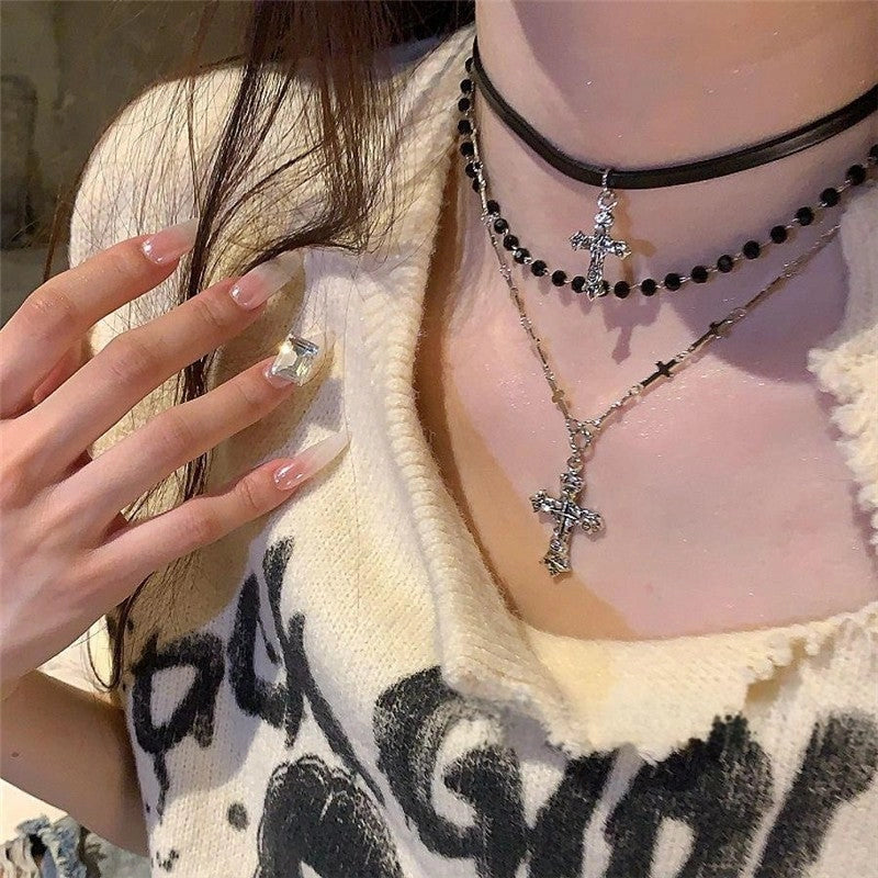 Leather Crystal Cross Pendant Triple Layer Necklace