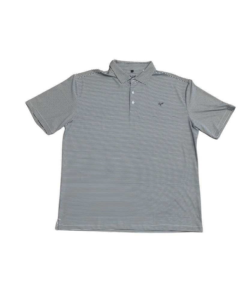 Hunt to Harvest Grey and White Stripped Performance Polo