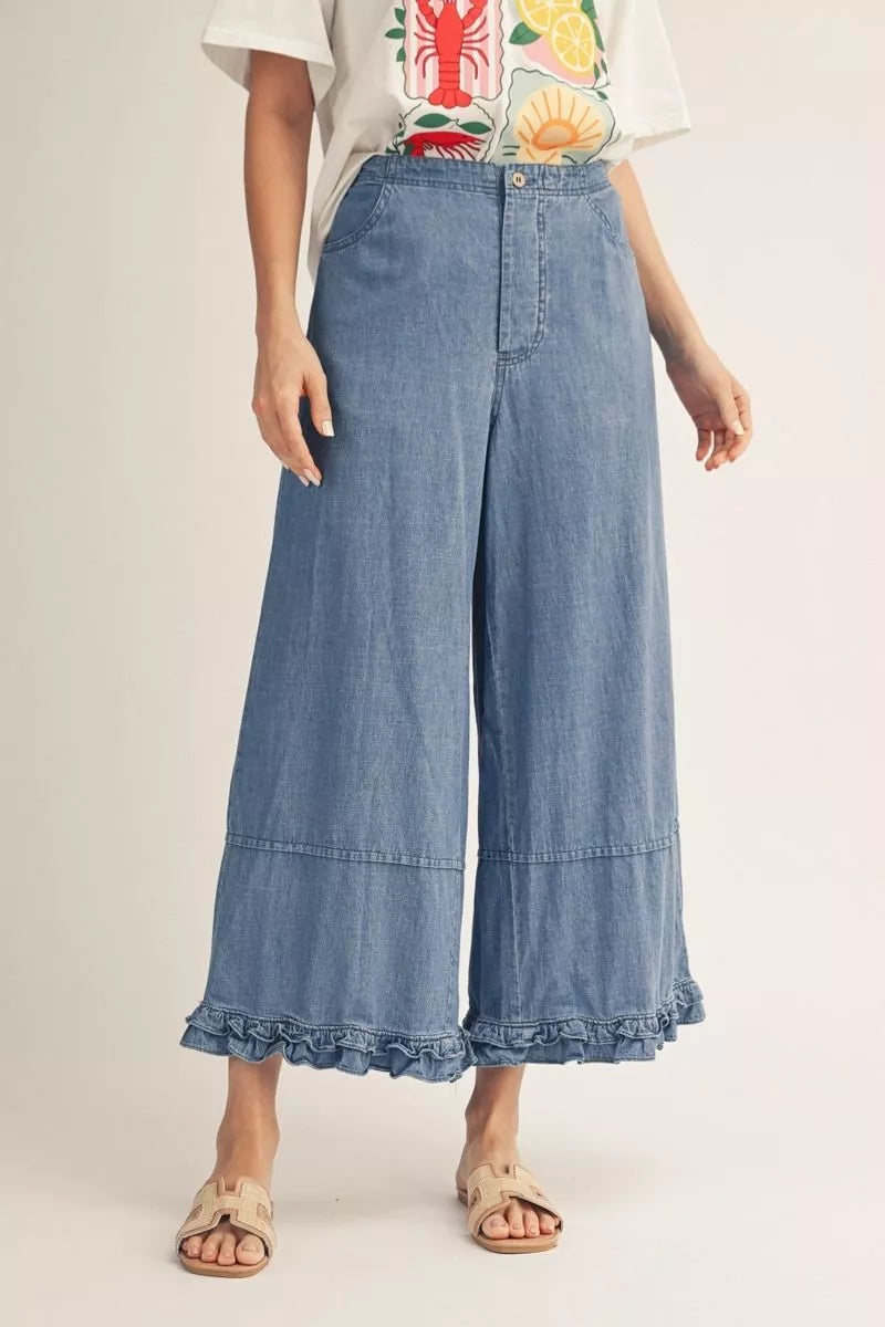 Denim Wide-Leg Ruffle Pants