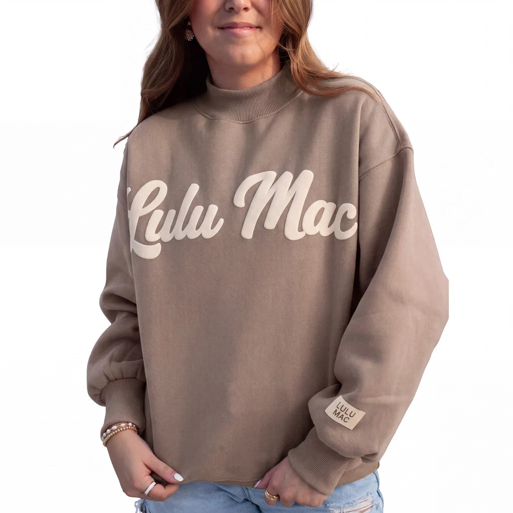 LuluMac Brown Mockneck Cream Script