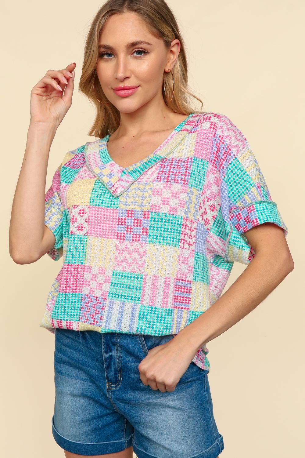 Oversized Multi Color Patchwork Textured Top