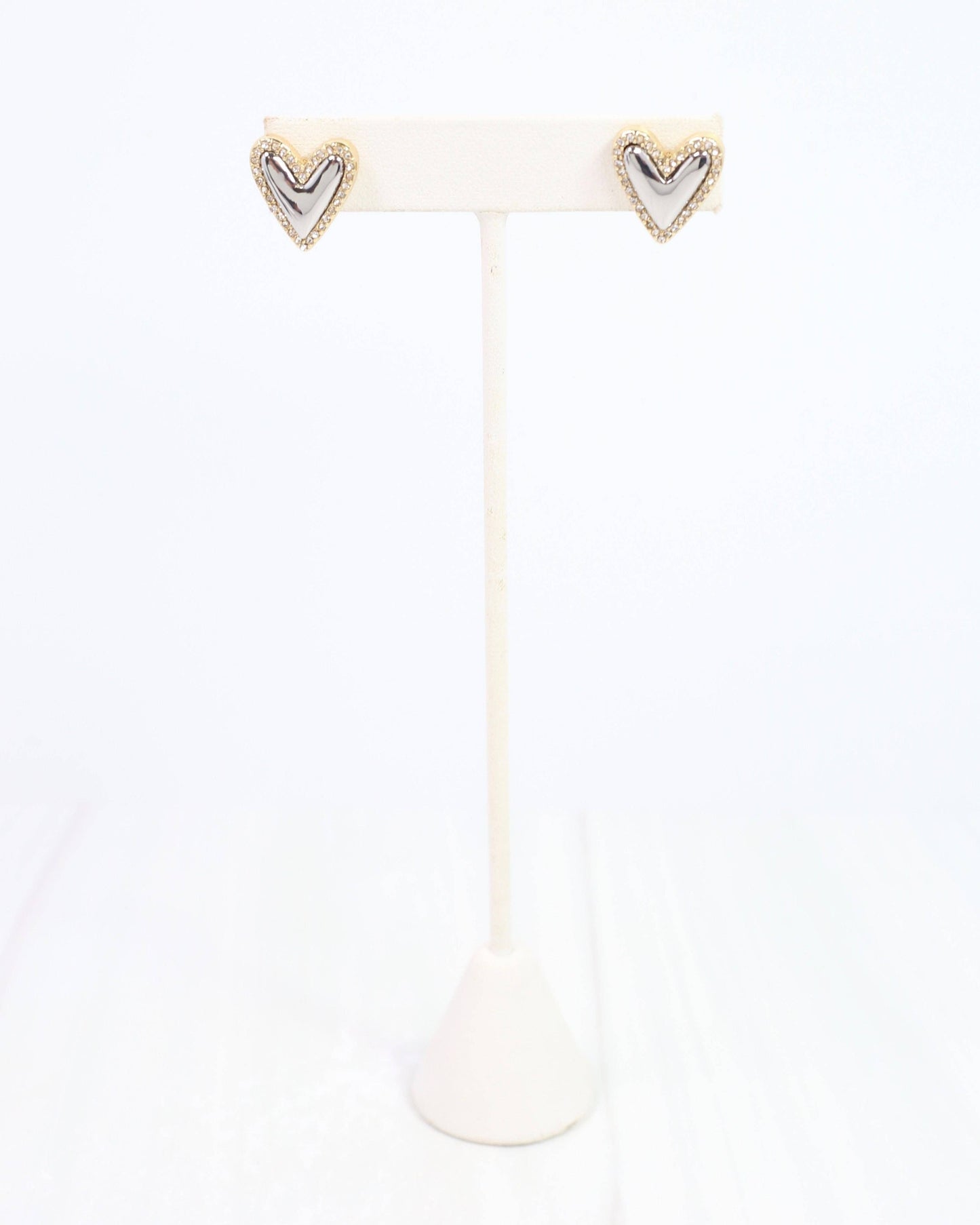Whimsical Puff Heart and Crystal Stud Silver
