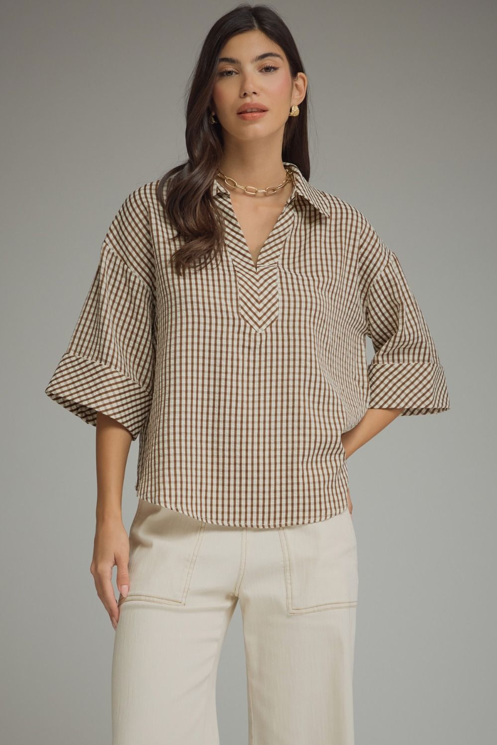 The Donna Brown and White Gingham Blouse