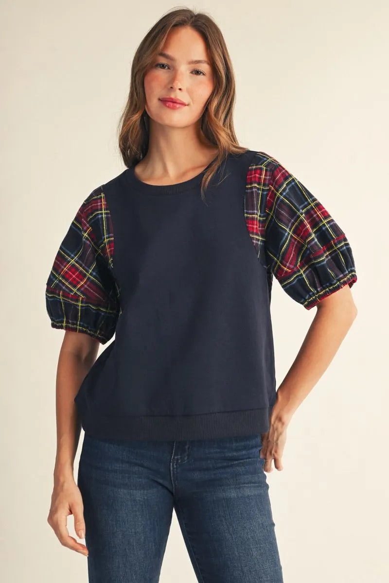 The Chloe Navy And Plaid Puff Sleeve Top