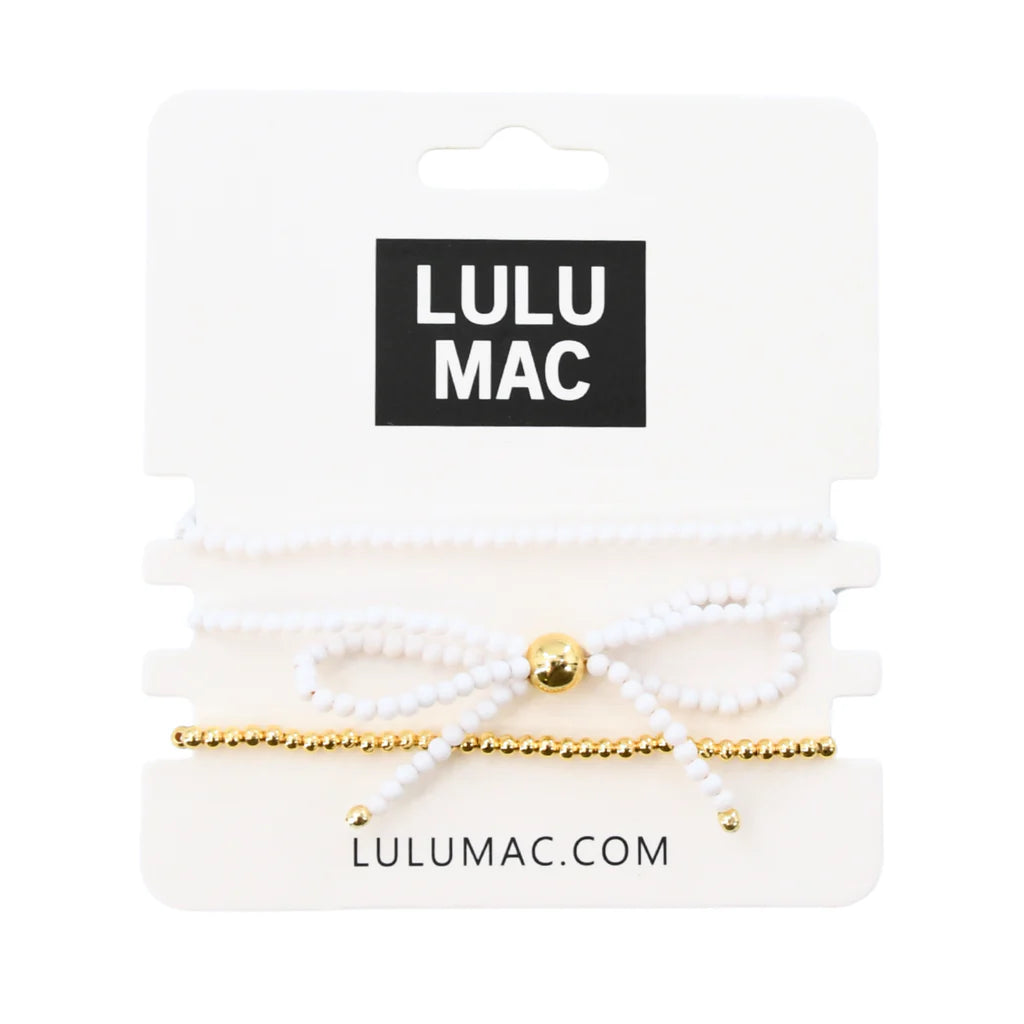 Lulu Mac White/Gold Bead Bow Bracelet Set