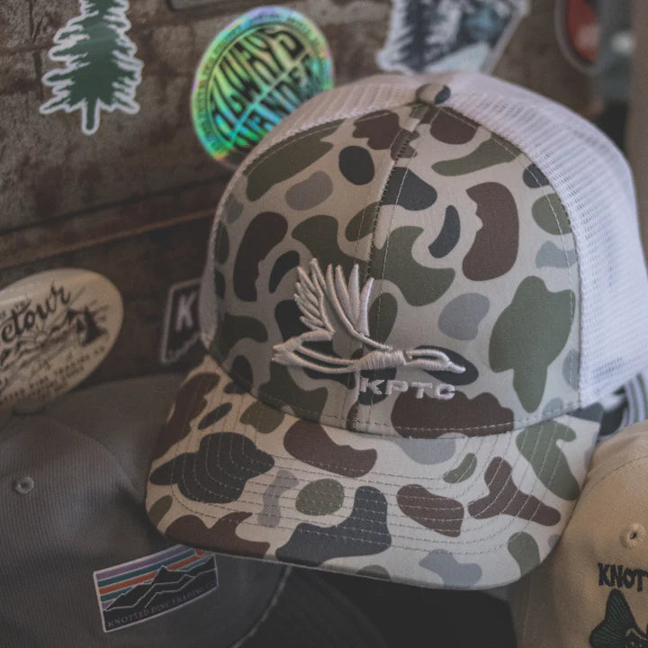 Knotted Pine Snow Camo Logo Trucker Hat