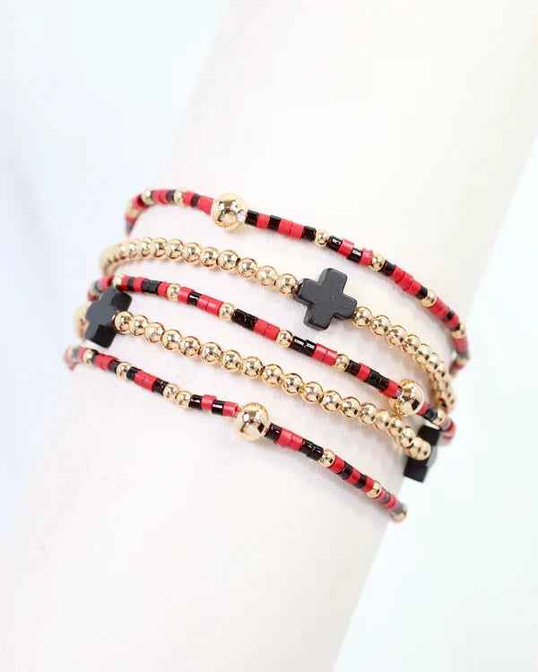 Felicity Beaded Cross Bracelet Set Red Black