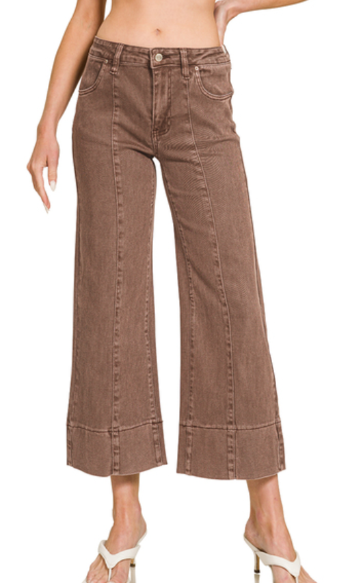Zenana Mid Rise Wide Leg Cropped Color Denim Pants