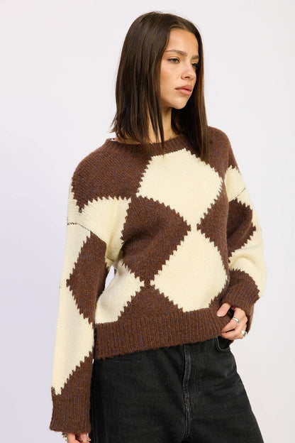 Chocolate and Ivory Two Tone Argyle Sweater