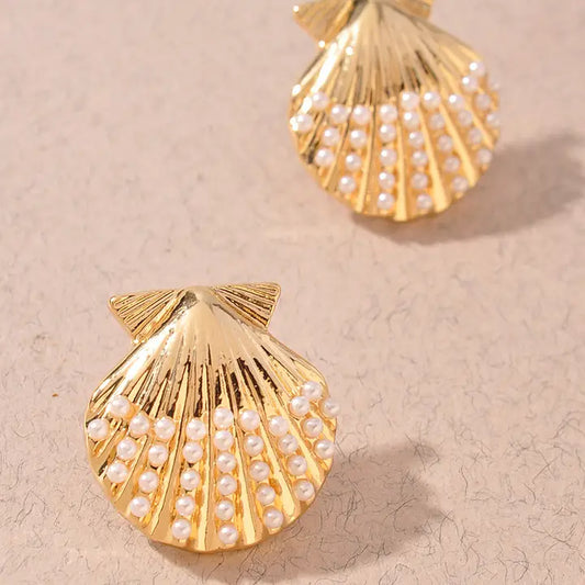 Sealife Rhinestone and Gold Shell Stud Earring