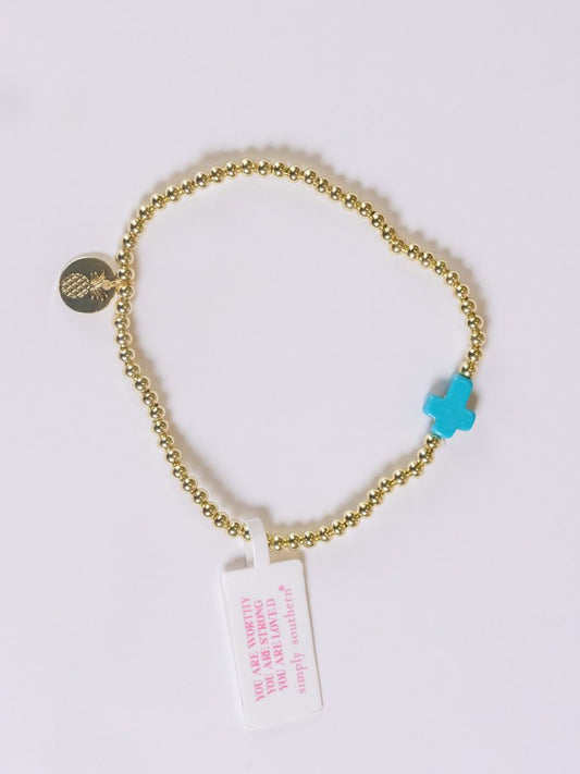 Simply Southern Gold Beaded Bracelet with Turquoise Cross Charm