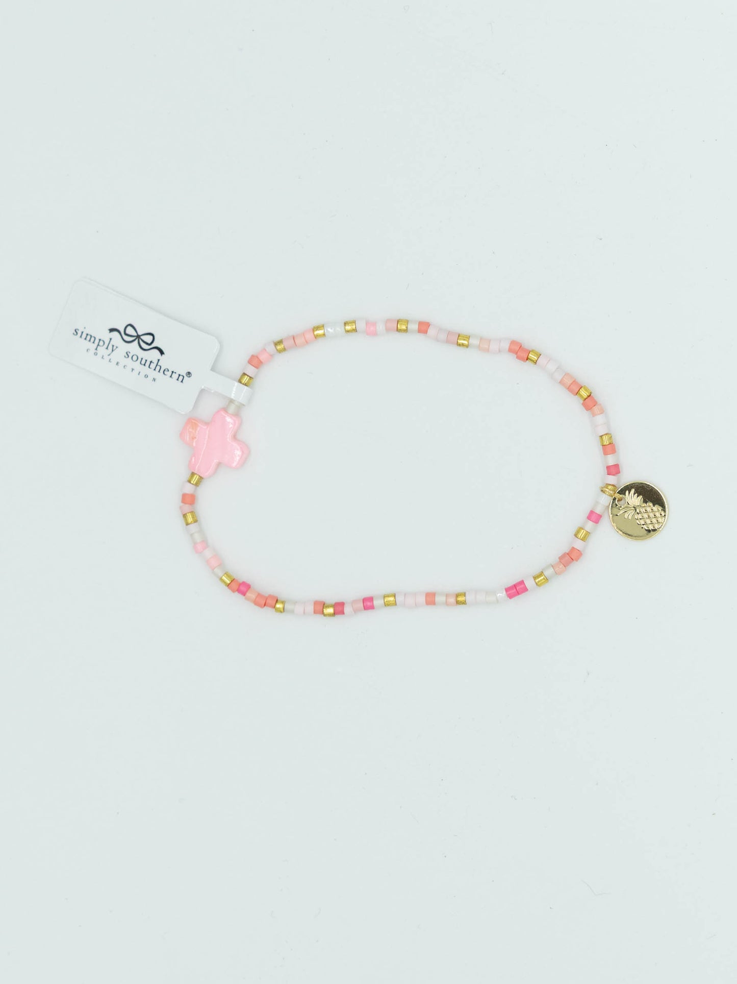 Simply Southern Coral Pink Mix Beaded Cross Bracelet