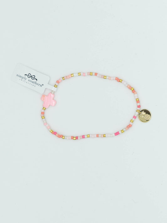 Simply Southern Coral Pink Mix Beaded Cross Bracelet