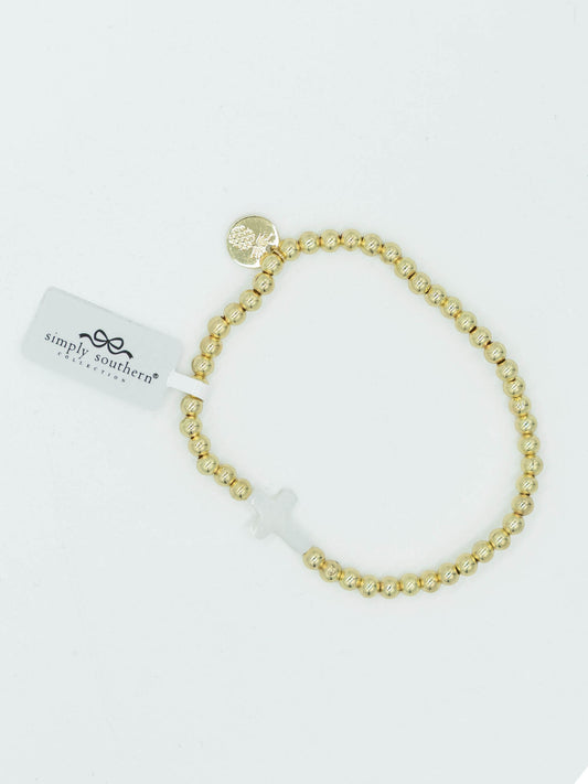 Simply Southern Gold Beaded Bracelet with Pearl Cross