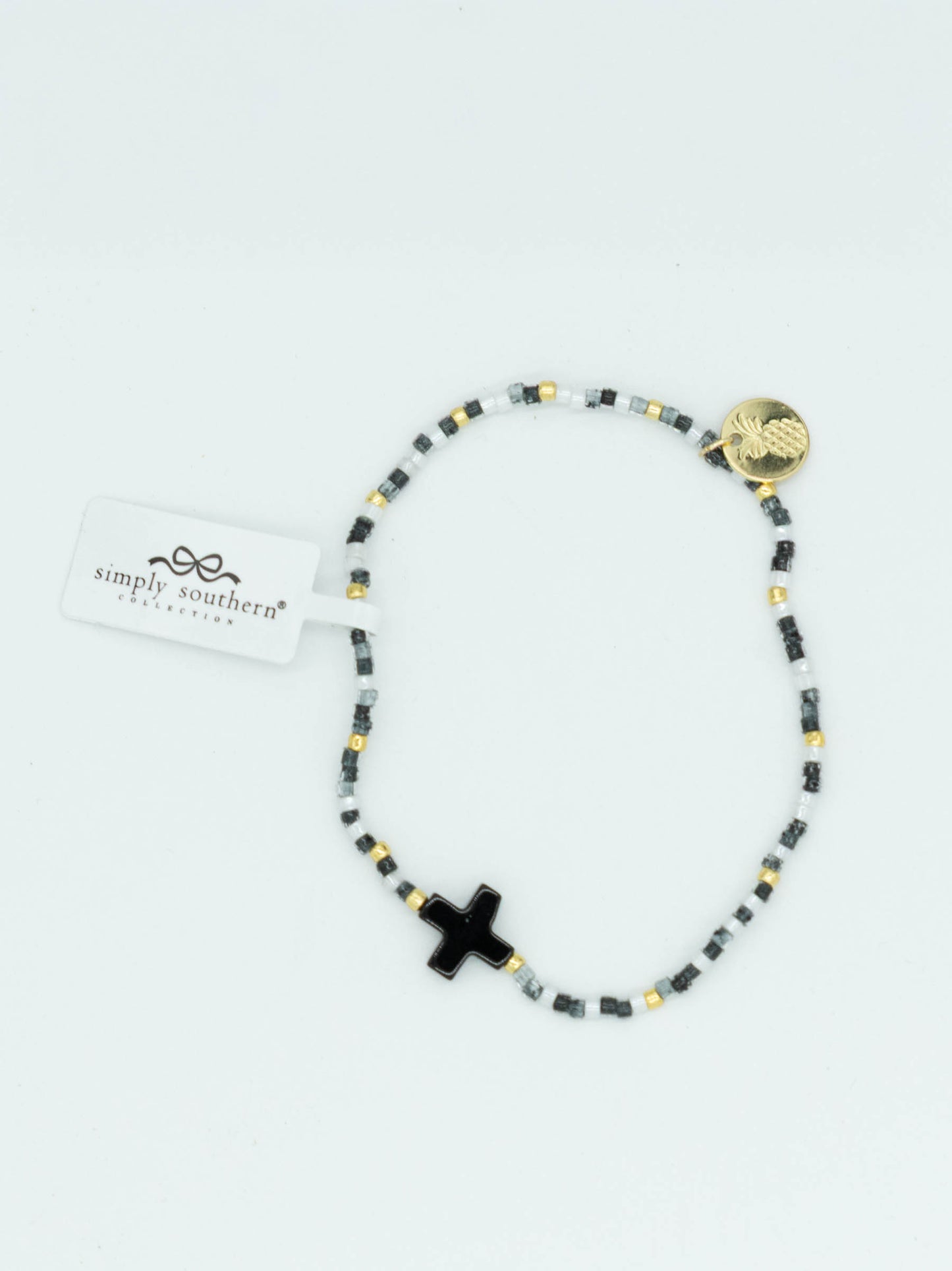 Simply Southern Black & White Beaded Bracelet With Black Cross