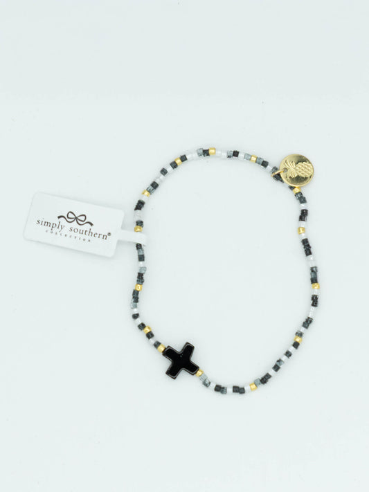 Simply Southern Black & White Beaded Bracelet With Black Cross