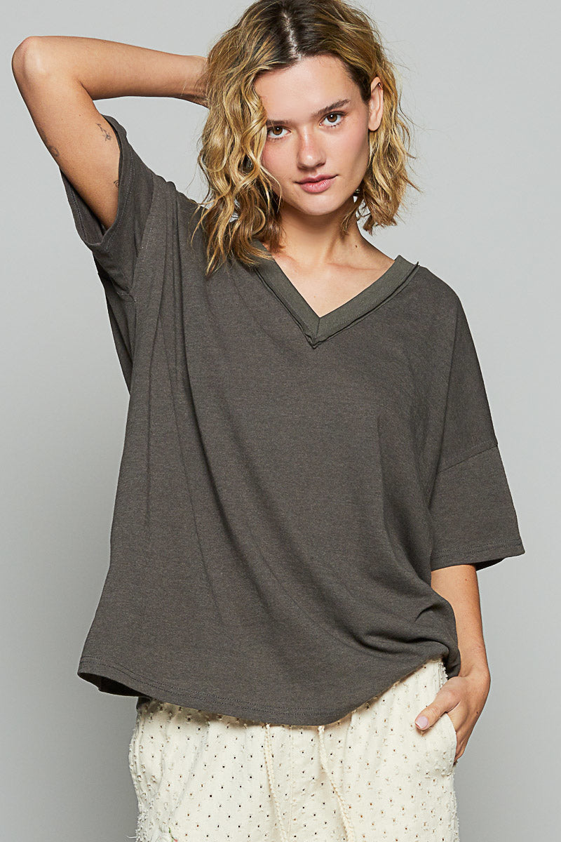 V-Neck Solid Oversized Jersey Top